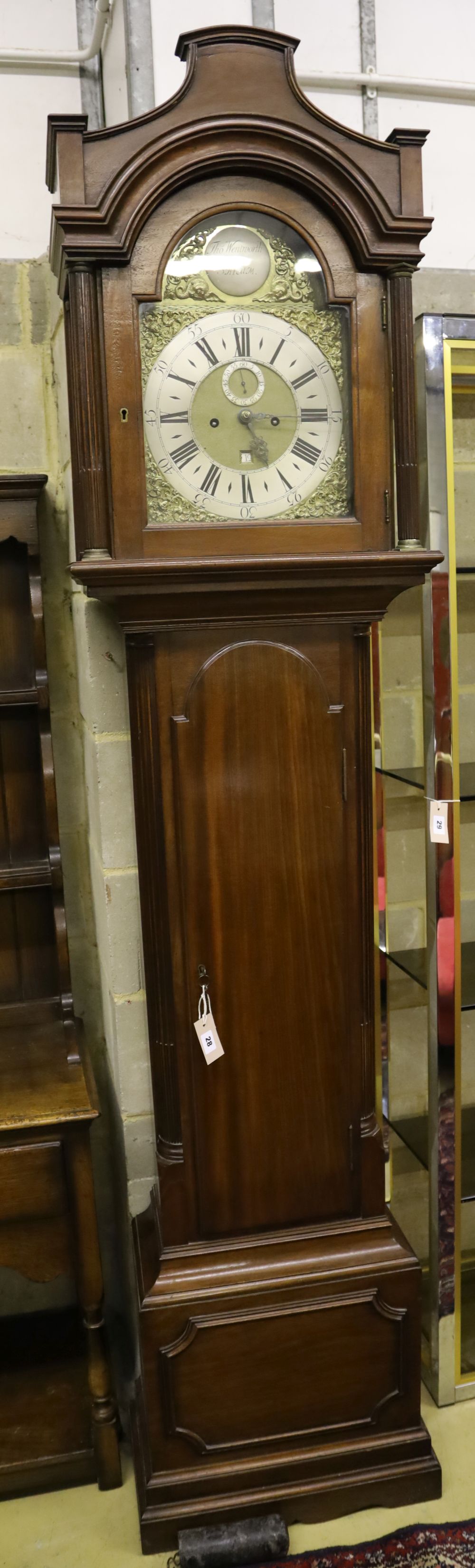 A George III longcase clock, the movement circa 1769, the London style mahogany case circa 1800, height 230cm